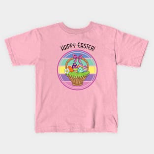 Happy Easter Flower Basket Colorful Decorated Eggs Pink Bow Kids T-Shirt